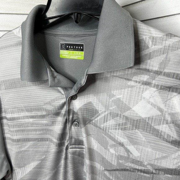 PGA Tour Pro Series Golf Polo Athletic Fit Gray & White Palm Leaf Print Men's Lg - Picture 2 of 6